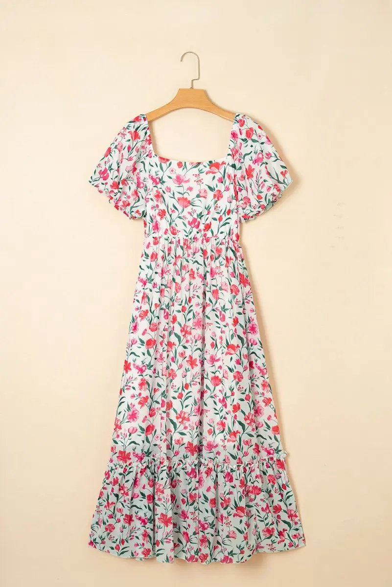 Pink Floral Puff Sleeve Square Neck Empire Waist Maxi Dress - Love Salve